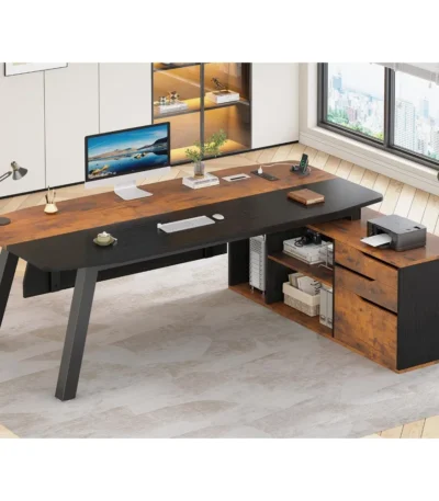 71" Executive Desk with File Cabinet, Large Office Desk with Drawers and Shelves, L Shaped Computer Desk with Power,