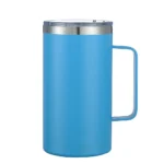24oz double wall coffee mug with handle and leak-proof lid on a wooden table