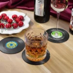 Set of vinyl record coasters on a wooden table