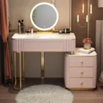 French white wooden dressing table with mirror and stool in a modern bedroom setting