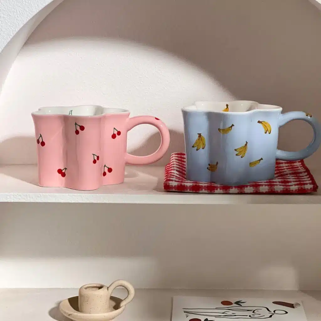 Plum Blossom Cute Girl Ceramic Cup Creative High Value Mug Pink Cherry Water Bottle Children's Breakfast Milk Cups, 320ml