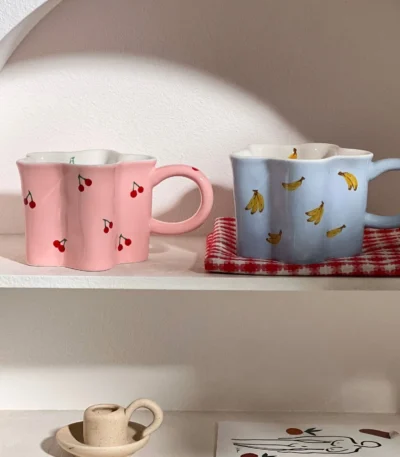 Plum Blossom Cute Girl Ceramic Cup Creative High Value Mug Pink Cherry Water Bottle Children's Breakfast Milk Cups, 320ml
