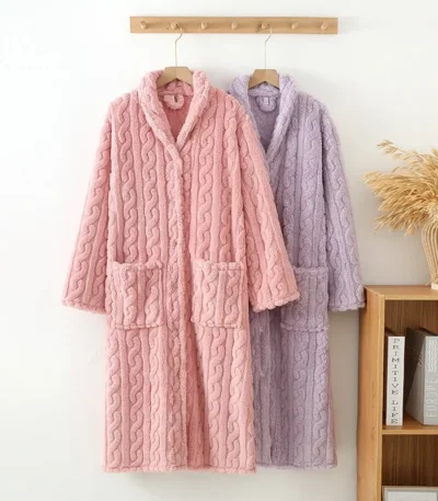 2026 New Autumn/Winter Women's Bathrobe Flannel Thickened Warm Buckle Long Dress Solid Color Nightgown Home Fur Ladies