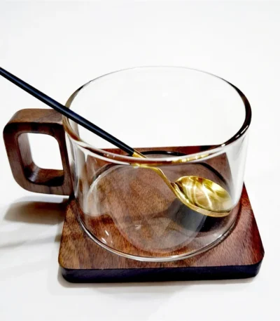 200ml Fresh Ground Latte Glass Coffee Mug With Wooden Tray Spoon Heat-resistant Breakfast Milk Tea Mug American Coffee Cup