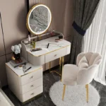 White MDF dressing table with mirror and stool in a modern bedroom setting