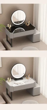 Modern minimalist dressing table with storage shelf for makeup organization in a bedroom