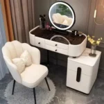 Modern dressing table with mirror and stool in a minimalist bedroom setup