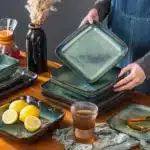 Vancasso Stern Dinner Set Green Square Kiln Change Glaze Tableware 16 Piece Kitchen Dinnerware Ceramic Crockery Set for 4