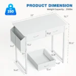 JHK Modern Office Computer Desk 32 Inch with Fabric Storage Drawers Space Side Bag Metal Frame Adjustable Feet For Home PC
