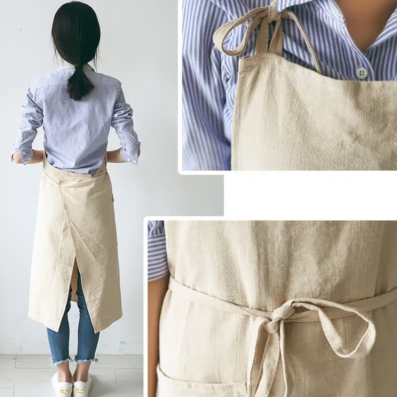 Vintage Washed Cotton Apron Japanese Simple Style Slim Long Apron Baking Cooking Nail Salon Workwear