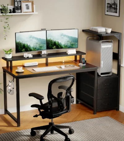 JHK 52In to 59In Gaming Desk with 3 Storage Drawers Wood Office Computer Desks with LED Lights Power Outlets for Office