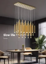 Black and gold geometric chandelier for modern living room decor.