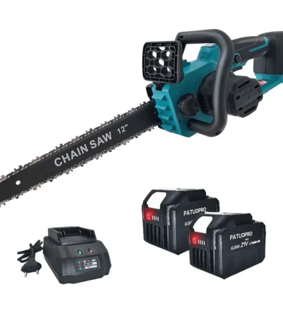 Cordless brushless chainsaw cutting a log in a garden