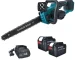 Cordless brushless chainsaw cutting a log in a garden