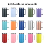24oz double wall coffee mug with handle and leak-proof lid on a wooden table