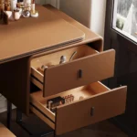 modern extendable dressing table with mirror and stool in a bedroom