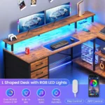 L Shaped Desk with 4 Drawers and Storage Shelves, L Shaped Gaming Desk with LED Lights amp Power Outlets, Computer Desk with