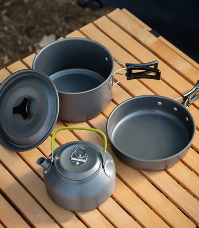 3PCS Camping Cookware Set Pot Pan Kettle Set Portable Cooker Set 2-3 Person with Mesh Bag for Camping Backpacking Outdoor