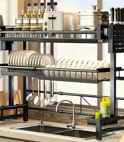 Adjustable Metal Kitchen Storage Rack with Drip Tray & Utensil Holder - Expandable Sink Organizer for Dishes Cups