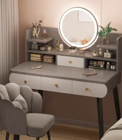 LED vanity table with mirror and stool in white modern design for bedroom makeup station