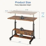 JHK 31.5IN Adjustable Height Mobile Standing Computer Desk with Locking Wheels Metal Frame Portable Workstation for Walking