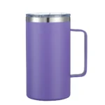 24oz double wall coffee mug with handle and leak-proof lid on a wooden table