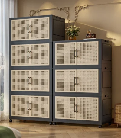 Foldable storage cabinet on wheels in white with two doors, 60cm wide, perfect for bedroom organization