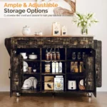 52-inch rolling kitchen island with storage in black and gold, featuring drop leaf and spice rack