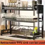 Adjustable Metal Kitchen Storage Rack with Drip Tray & Utensil Holder - Expandable Sink Organizer for Dishes Cups