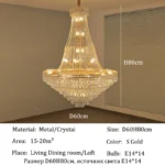 Modern crystal chandelier for dining room hanging over a wooden table with warm glow