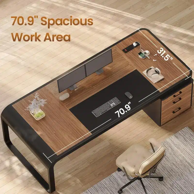 70.9" Executive Desk, Large Computer Desk with Drawers and Lateral File Cabinet, Office Desk with Removable, Customized