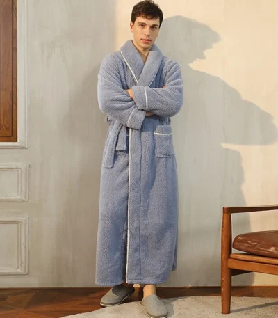 Men Plush Long Fleece Bathrobe Soft Terry Cloth Robe with Belt Multi-Color Cozy Loungewear for Unisex Warm Winter Sleep Robe