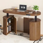 Mid Century Modern Electric Standing Desk with Storage, 55 x 22 Inch Small Sit Stand Up Desk, Wood Adjustable, Customized