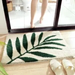 Green leaves flocking non slip bath mat on bathroom floor