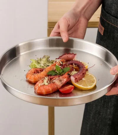 4 Sizes Deep Stainless Steel Meal Trays Round Dish Plates Barbecue Fruit Noodles Salad Mixing Dish Bowl Hotel Kitchen