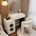 Modern white wood dressing table with mirror and three drawers in bedroom setting