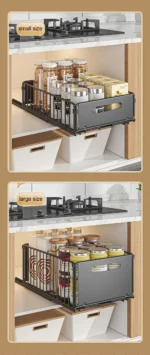 Pull out cabinet organizer holding spice bottles and seasoning jars in a kitchen cabinet