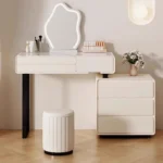 Modern wooden makeup vanity table with mirror and matching stool, featuring a storage drawer for organization