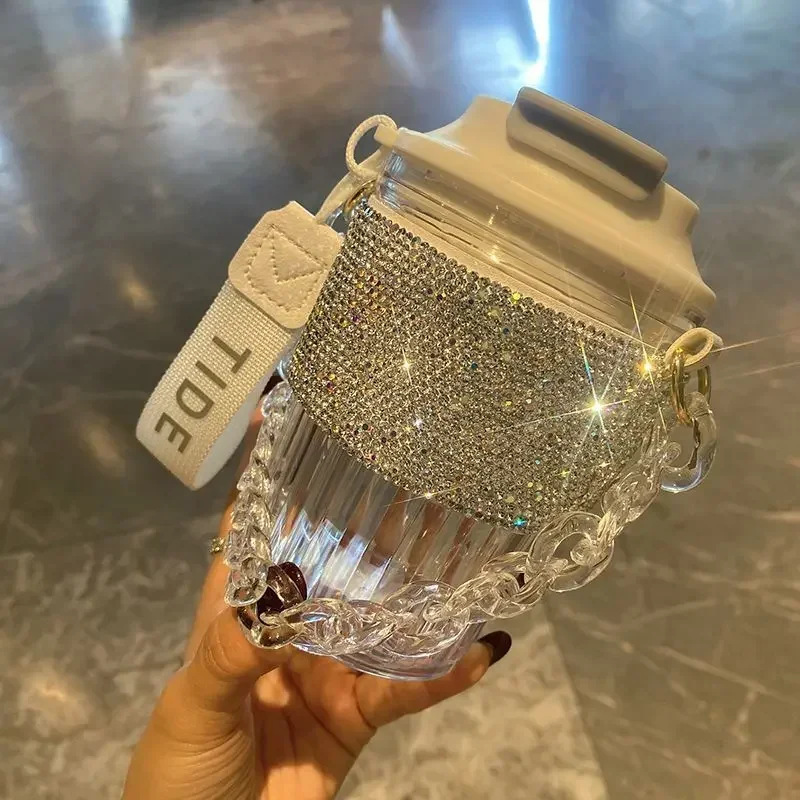 BlingBling Water Bottle 450ML Luxury Rhinestone Chain Bar Handheld Direct Drinking Coffee Mug Home BlingBling Water Bottle 450ML Luxury Rhinestone Chain Bar Handheld Direct Drinking Coffee Mug Home Plastic Juice Beverage Cup