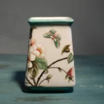 Set of three floral ceramic bathroom accessories on glass shelf, toothbrush holder, cup, lotion bottle.