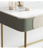 Modern dressing table set with two drawers, mirror, and stool in a bedroom setting