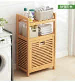 Solid wood floor-to-ceiling bathroom clothes rack with basket storage, towel holder and toilet organizer