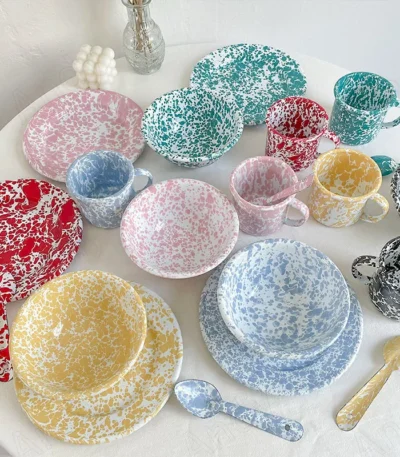 1pcs Enamel Dinner Plate Milk Cup Retro Splash Ink Home Dishes and Plate Creative Living Room Desktop Fruit Salad Dish