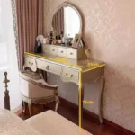 Nordic dressing table with mirror and stool in white solid wood finish