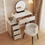Modern vanity table with mirror and storage drawers in a bedroom setting