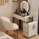 Goldoma modern minimalist dressing table with mirror and six drawers in a bedroom setting