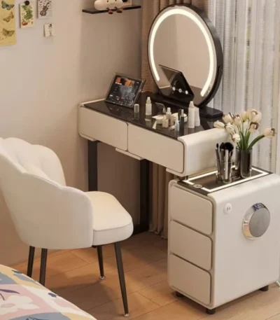 Goldoma modern minimalist dressing table with mirror and six drawers in a bedroom setting
