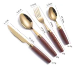 4-piece stainless steel flatware set with sapele wooden handles on a table