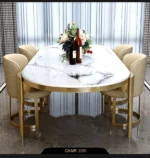 Modern oval marble dining table with gold stainless steel legs seating 6-8 people - Goldoma