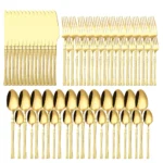 Goldoma stainless steel cutlery set with hammer pattern handles on a wooden table